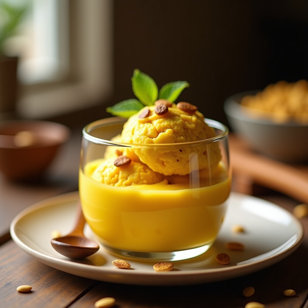 Cucurucho de helado cremoso de color dorado intenso, espolvoreado con crujientes pepitas de calabaza y girasol tostadas, sobre un fondo rústico de madera. Postre ayurvédico sin lácteos con cúrcuma y leche de avena.