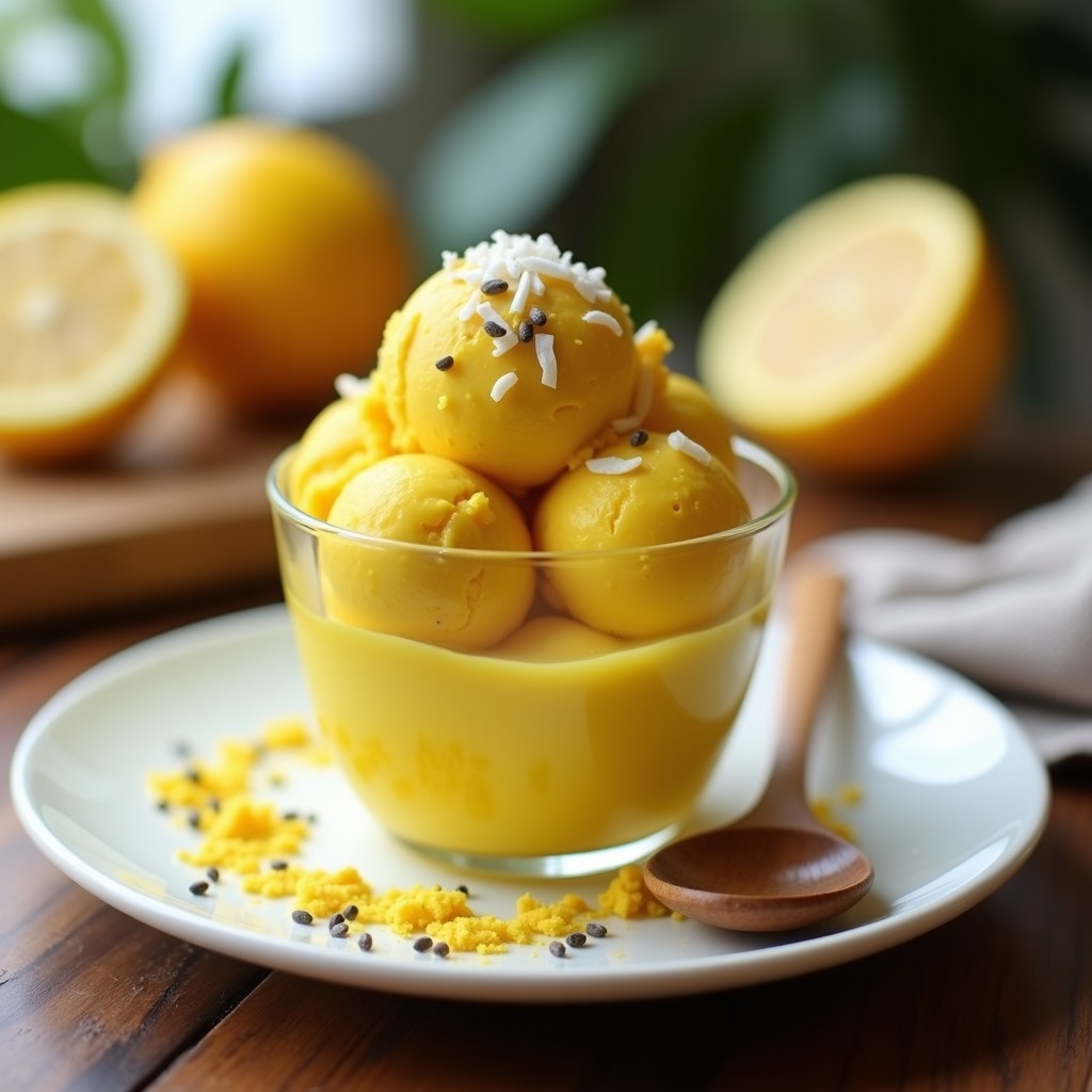 Cucurucho de barquillo relleno de helado cremoso de color amarillo dorado, con vetas de cúrcuma y trozos de plátano. Decorado con ralladura de limón y semillas de chía. Postre antiinflamatorio sin lácteos sobre fondo de madera clara.