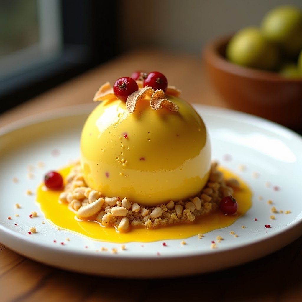 Helado de cúrcuma y pimienta rosa con base de anacardos en un plato blanco rústico. El helado tiene un color dorado intenso, textura cremosa y está decorado con pimienta rosa entera y virutas de anacardos tostados. La base crujiente contrasta con la suavidad del helado, creando un postre ayurvédico elegante y saludable.
