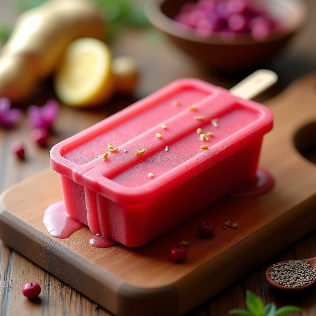 Paleta helada de color rojo intenso con vetas doradas de jengibre, servida en molde de silicona sobre una tabla de madera rústica. Al fondo, flores de Jamaica secas y rodajas de jengibre fresco como decoración. Postre mexicano detox sin azúcar.