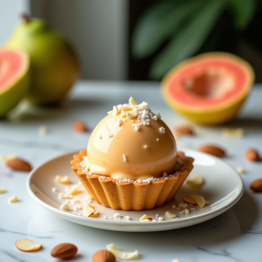 Helado cremoso de guayaba y queso crema vegano servido sobre una base dorada de galletas de almendra, con rodajas de guayaba fresca como decoración. Postre sin gluten en un plato blanco rústico.