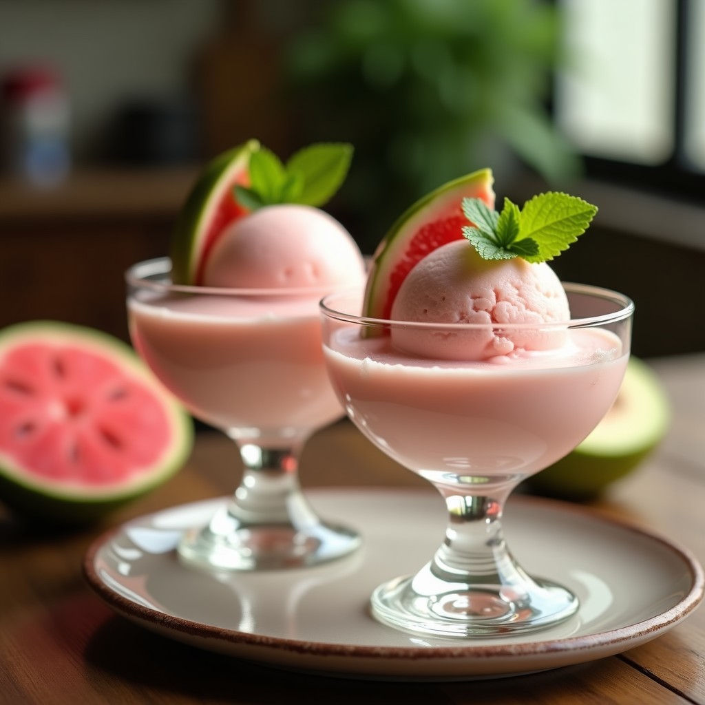 Helado cremoso de guyaba y queso crema sin azúcar en un cuenco de cerámica blanca, decorado con rodajas de guyaba fresca y hojas de menta, sobre fondo rústico de madera.
