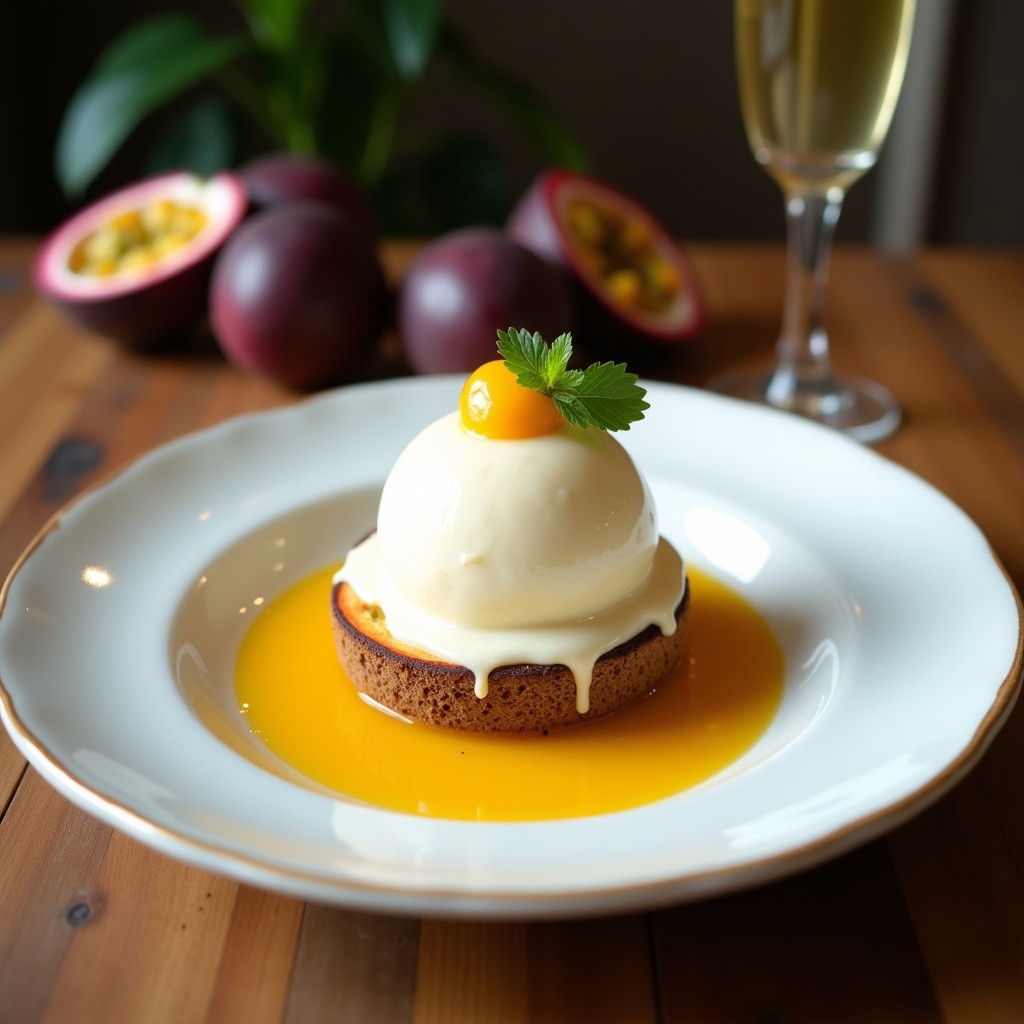 Helado de kéfir de coco y maracuyá en bolas perfectas, con vetas amarillas de pulpa de maracuyá, servido en un cuenco de cerámica blanca sobre fondo rústico de madera. Postre probiótico sin azúcar.