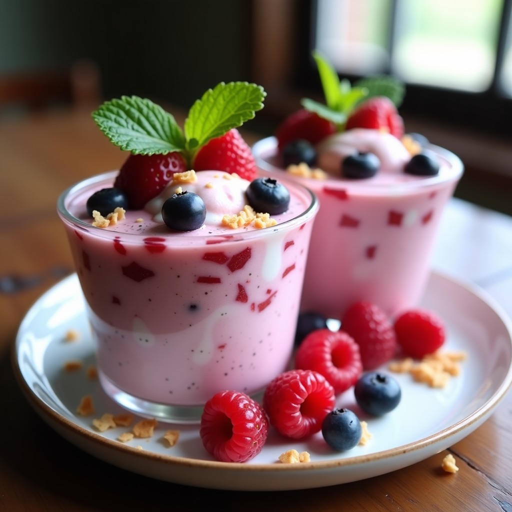 Copas de cristal transparente con helado de kéfir y frutos rojos, decorado con frambuesas frescas y virutas de coco. Textura cremosa y colores vibrantes entre rosado y blanco. Fondo de madera rústica con hojas de menta.
