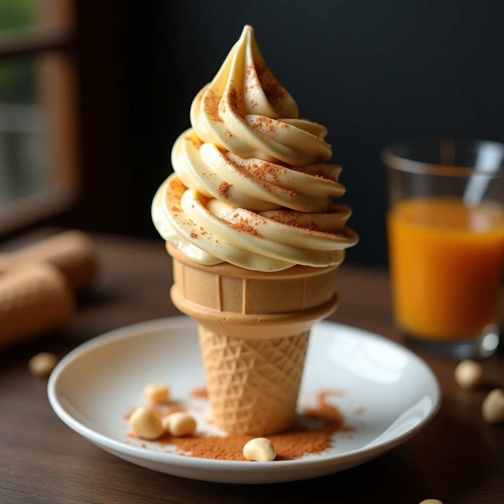 Cucurucho de helado artesanal de color beige dorado, con vetas de canela, decorado con nueces de macadamia picadas y un espolvoreado de canela en polvo sobre fondo rústico de madera. Postre peruano sin azúcar con toque especiado.