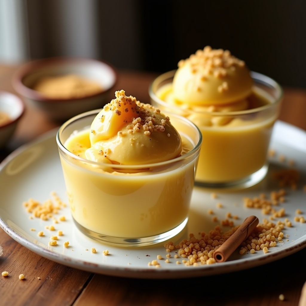 Copas de vidrio transparente con helado cremoso de color dorado, coronado con quinoa inflada crujiente y un hilo de miel de agave. Al fondo, semillas de chía y canela en polvo espolvoreadas sobre la mesa de madera rústica. Receta de helado de lúcuma y quinoa inflada, postre peruano sin lácteos.