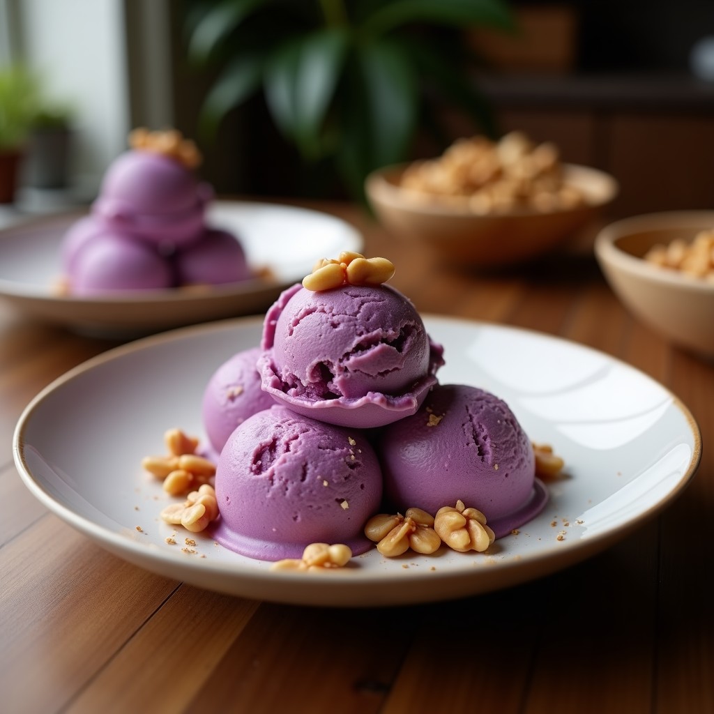 Cucurucho de barquillo relleno de helado de maíz morado y coco con trozos de nuez pecana tostada, servido en un plato blanco con fondo de madera rústica. El helado tiene un color violeta intenso y textura cremosa, decorado con un espolvoreado de canela.
