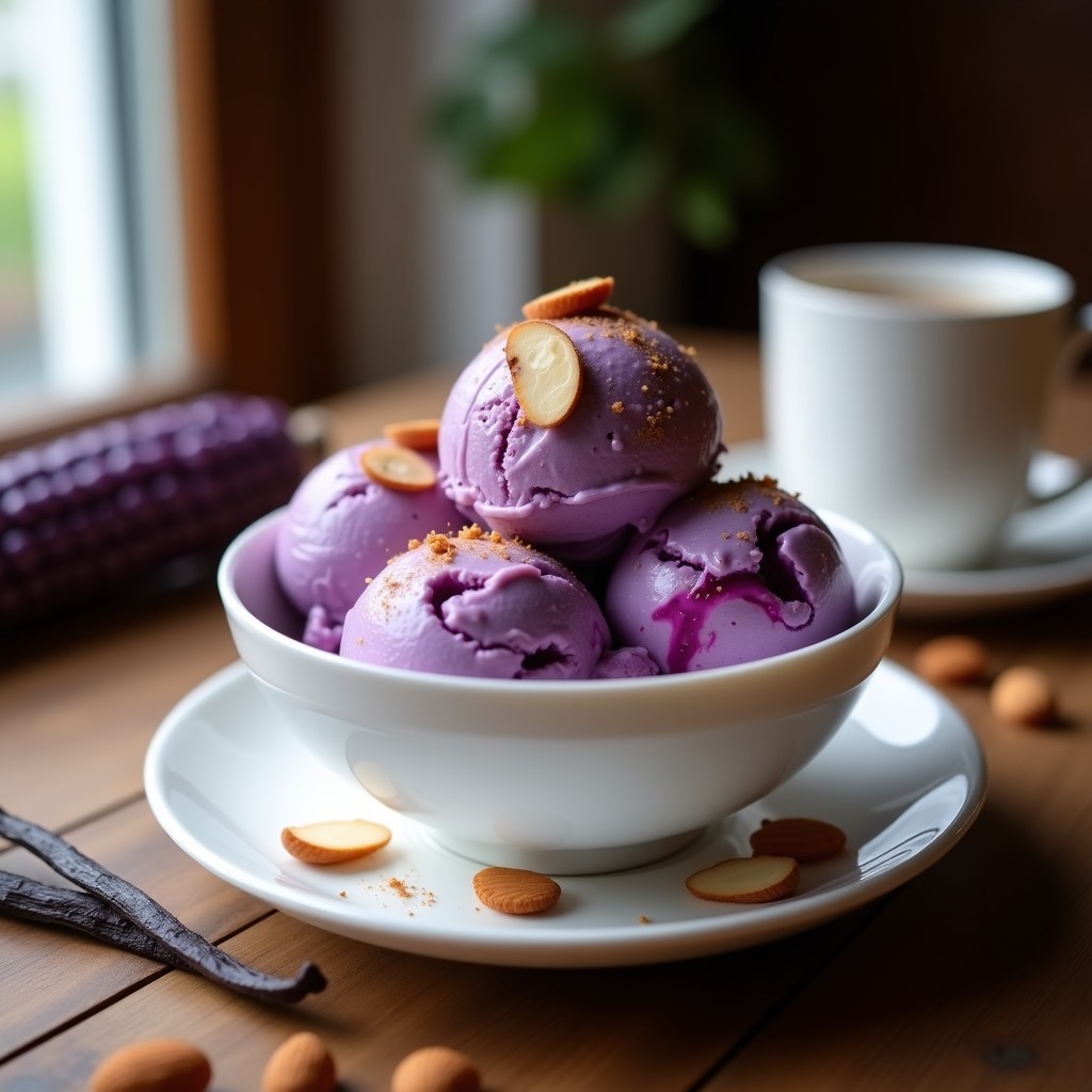 Copa de helado cremoso de color morado intenso con vetas claras de vainilla, decorado con almendras fileteadas y una pizca de canela. Textura sedosa y brillante bajo luz natural, servido en un plato de cerámica blanca.