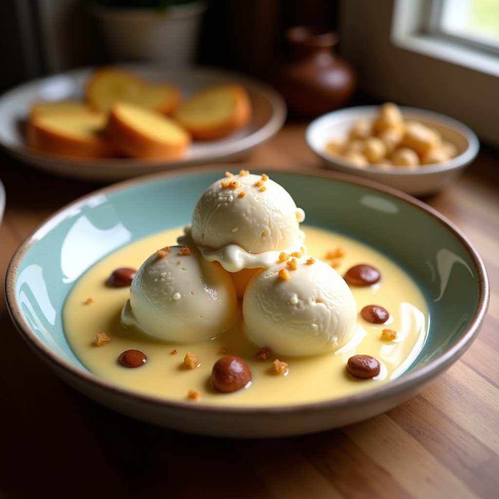 Cucurucho de barquillo relleno de helado cremoso de color naranja claro (mamey) con vetas blancas (coco), salpicado de trozos dorados de macadamia y coco rallado. Fondo borroso con hojas tropicales y luz natural.