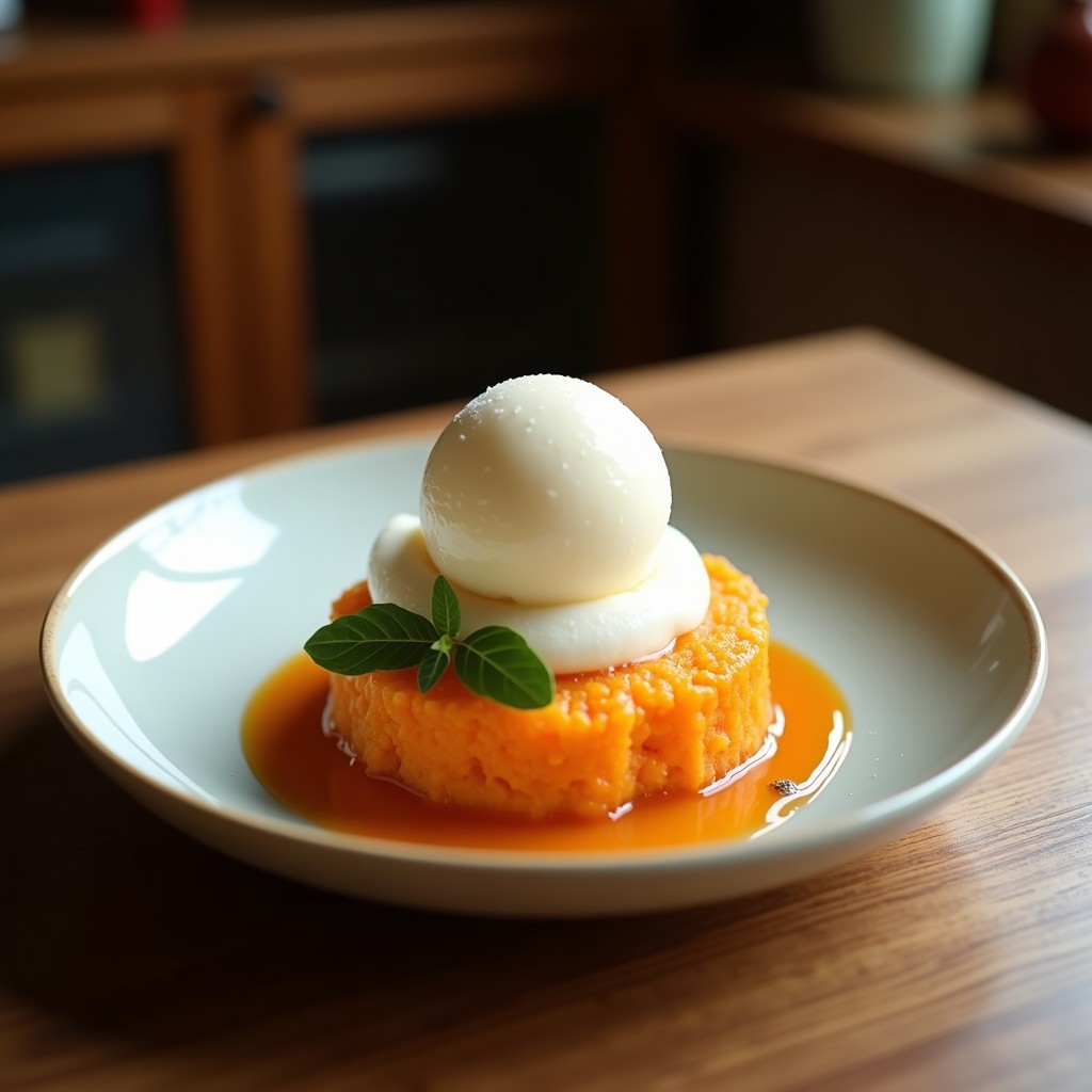 Helado de mamey sapote y coco servido en un cuenco de barro, con textura cremosa y trozos de coco rallado en la superficie, sobre un fondo de hojas de palma y frutas tropicales.