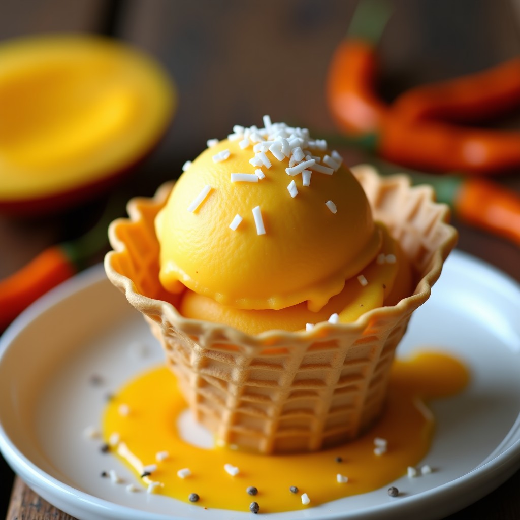 Helado de Mango y Chile de Árbol con Cobertura de Ají Amarillo: Postre Peruano Picante