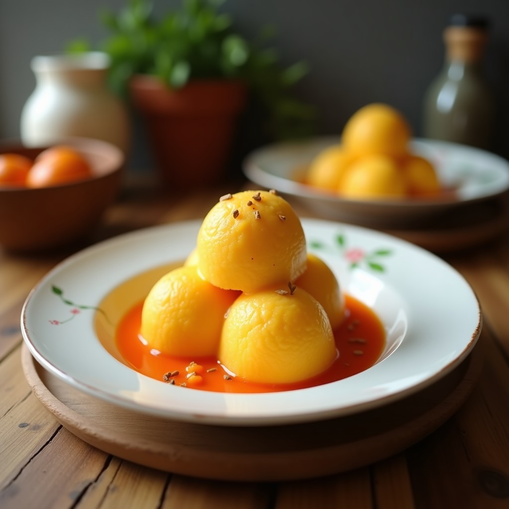 Helado cremoso de color amarillo intenso en un bol de cerámica blanca, con trozos de mango fresco y un espolvoreado de chile en polvo rojo por encima. Fondo borroso con hojas de menta y una cuchara de metal.