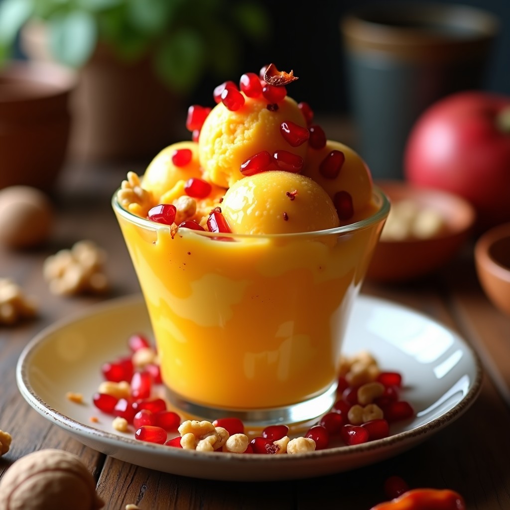 Helado de Mango y Chiles en Nogada servido en copas de vidrio transparente, con trozos de mango fresco, nueces picadas y hojas de menta como decoración. Postre mexicano sin azúcar ni lácteos, textura cremosa y color vibrante.