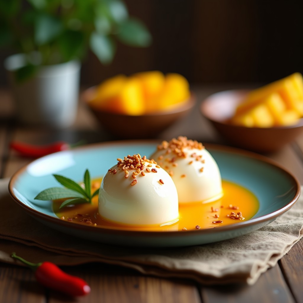 Copas de cristal con helado de mango cremoso y helado de coco blanco, espolvoreado con semillas de ají amarillo y coco rallado, decorado con cubos de mango fresco sobre fondo de madera clara.