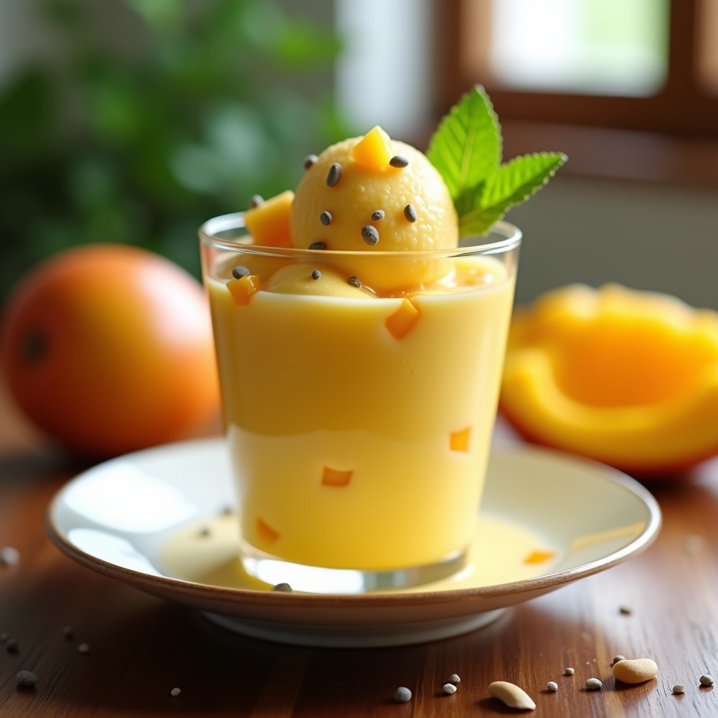 Copa de helado cremoso de color amarillo dorado con vetas verdes suaves, decorado con cubos de mango fresco y hojas de jiaogulan. Postre chino sin lácteos con propiedades antienvejecimiento, servido en un plato blanco sobre fondo de madera oscura.