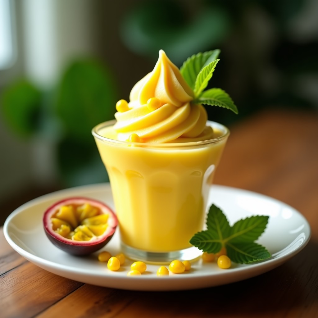 Helado de maracuyá y aloe vera servido en copa de vidrio transparente, con textura cremosa y color amarillo vibrante, decorado con semillas de maracuyá y hojas de menta fresca. Postre brasileño sin azúcar ni lácteos.