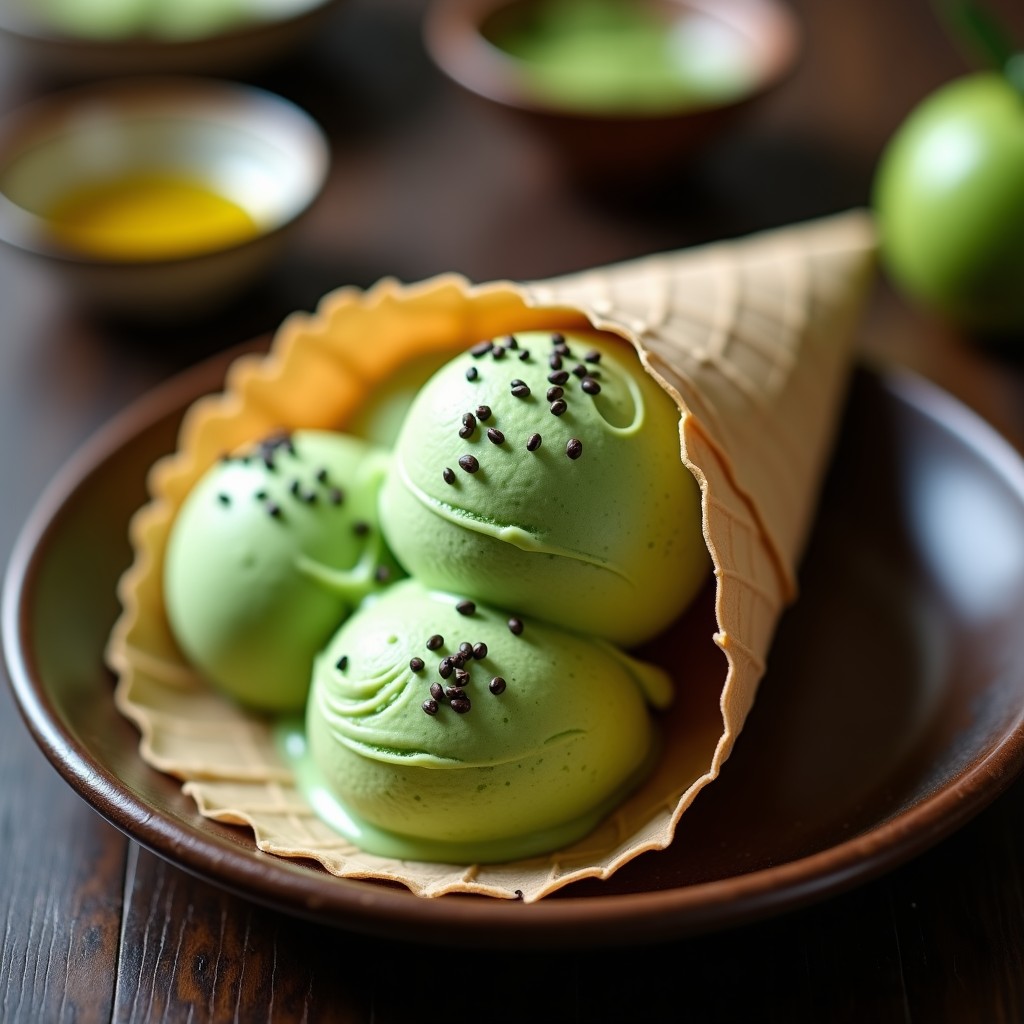 Helado de matcha y aceite de oliva en cucurucho de papel con vetas cremosas, decorado con un hilo de aceite de oliva virgen extra y semillas de sésamo negro, sobre fondo de madera rústica.