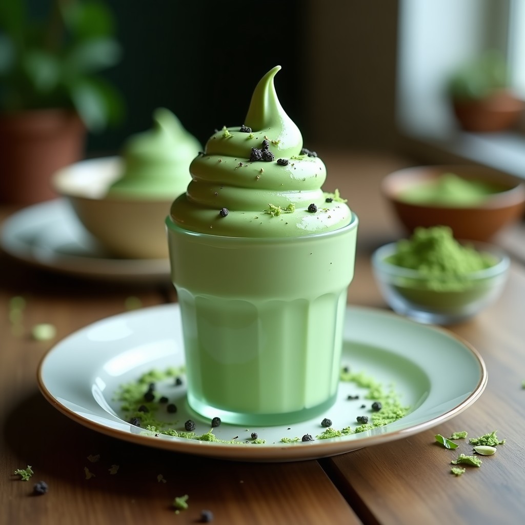 Copa de helado verde esmeralda de matcha y espirulina keto, con textura cremosa y decorado con semillas de chía y raspadura de limón, servido sobre una mesa de madera rústica.