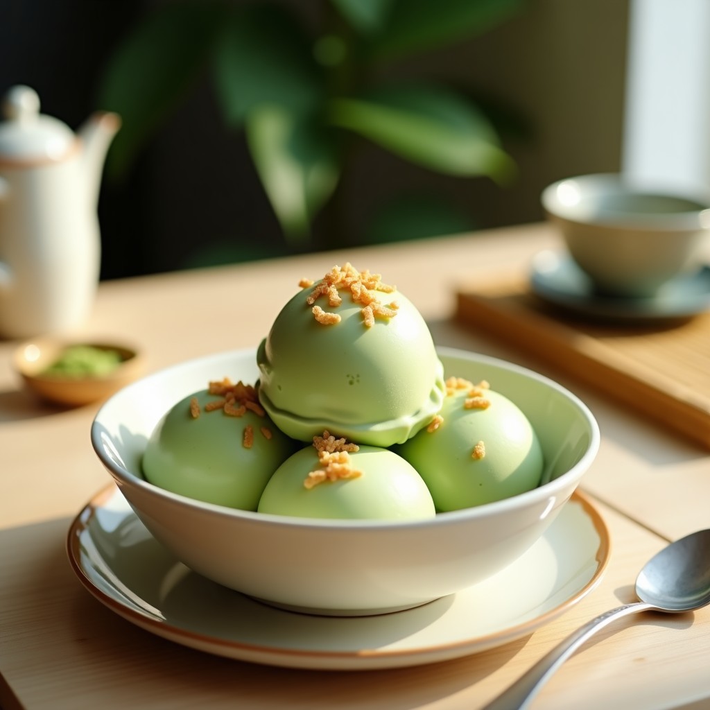 Helado de matcha y aloe vera sin lácteos servido en copa de cristal transparente, con trozos visibles de pulpa de aloe vera y decorado con copos de coco. Fondo blanco con detalles de hojas de té matcha y rodajas de limón.