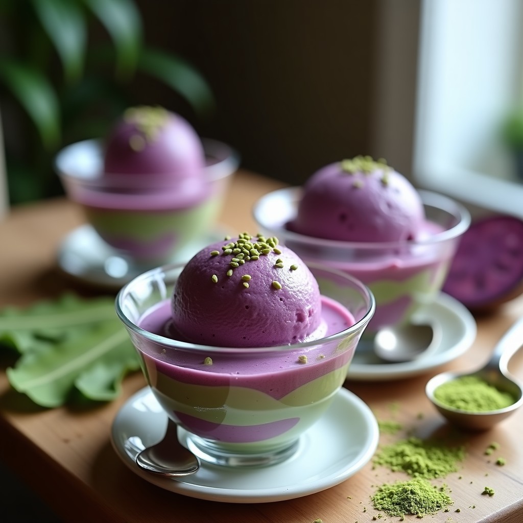 Helado vegano de matcha y batata morada servido en copas de vidrio transparente, con textura cremosa y decorado con semillas de cáñamo tostado. Fondo minimalista con hojas de matcha y rodajas de batata morada asada.