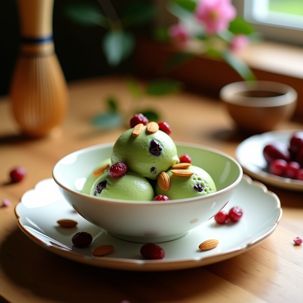 Helado de matcha y cereza con virutas de almendra servido en un cuenco de cerámica blanca, con capas visibles de color verde pálido y trozos de cereza roja. Virutas de almendra doradas esparcidas por encima y un fondo borroso con elementos Japón como una taza de té matcha y una ramenera de madera.