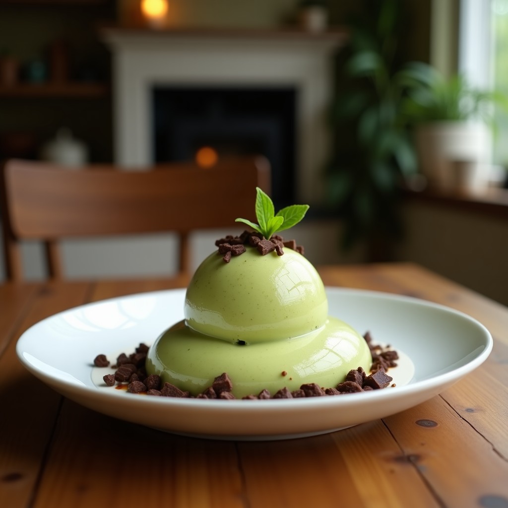 Copa de helado cremoso de color verde claro con vetas de coco rallado y trozos de chocolate negro 90% espolvoreados por encima, servido en un bol de cerámica blanca sobre fondo de madera rústica.