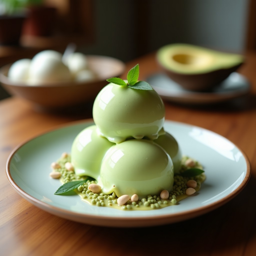 Copa de cristal con helado de matcha y coco sin azúcar, textura cremosa y color verde pálido, decorado con copos de coco y virutas de chocolate negro sobre fondo rústico de madera.