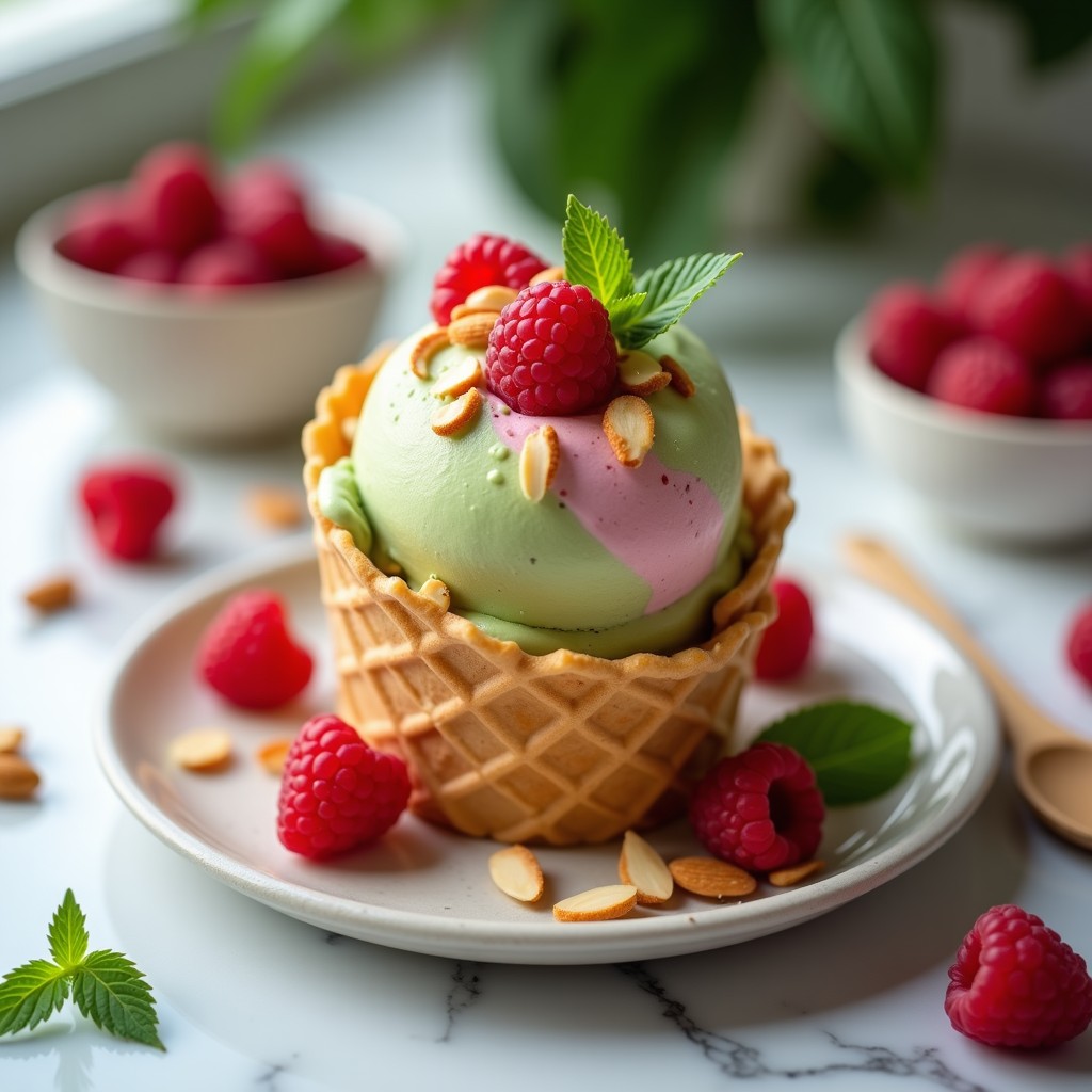 Helado de Matcha y Frambuesas con Crujiente de Almendra: Postre Vegano y Sin Lácteos