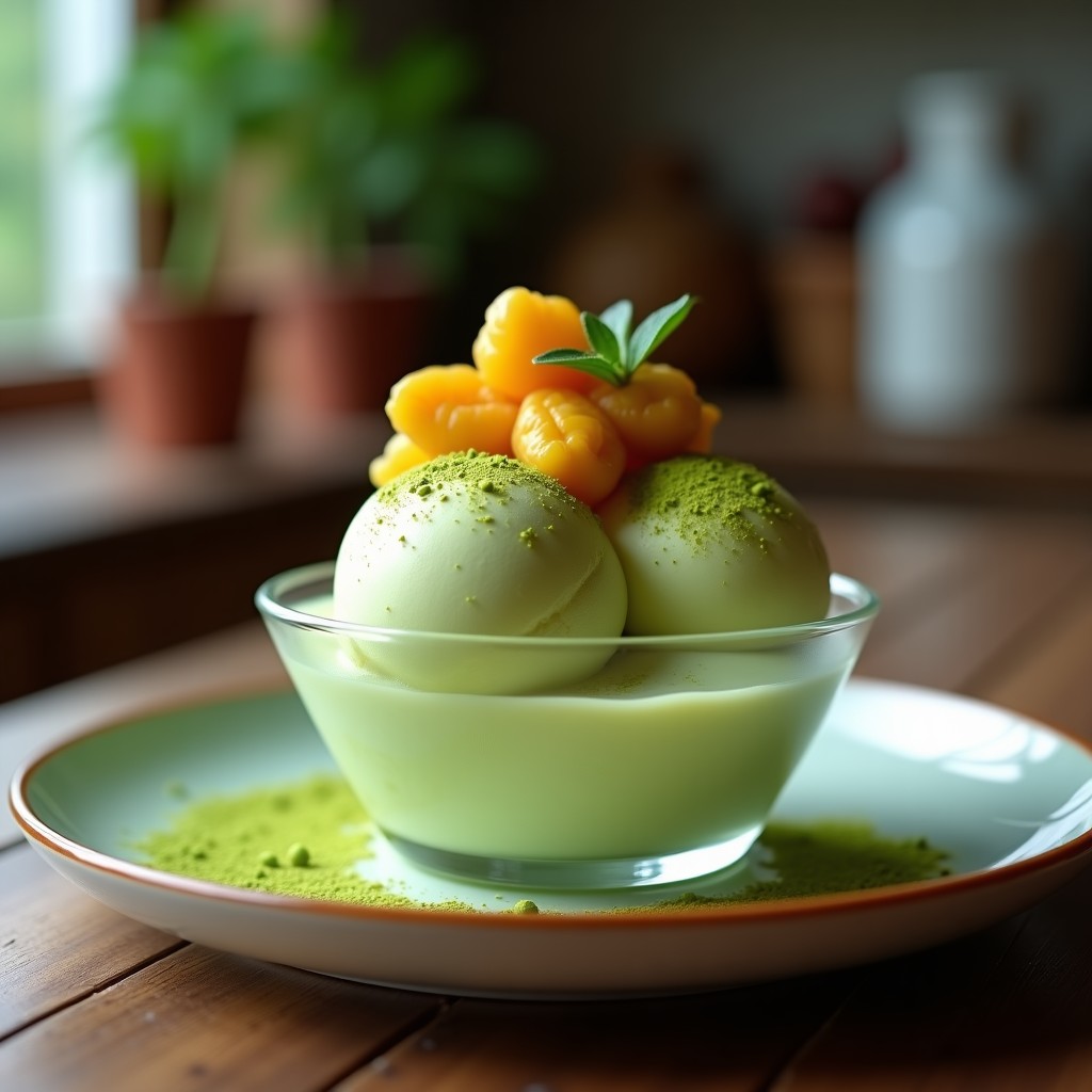 Helado de matcha y leche de almendras con trozos de alcachofas confitadas en un bol de cerámica blanca, decorado con virutas de almendra y un hilo de aceite de oliva. Textura cremosa y color verde vibrante con toques dorados de las alcachofas.