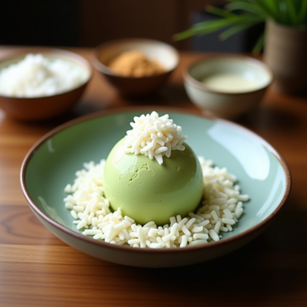 Copa de cristal transparente con helado de matcha y leche de almendras keto, textura cremosa y color verde pálido, decorado con virutas de coco blancas y un ligero espolvoreado de matcha en polvo sobre fondo rústico de madera.