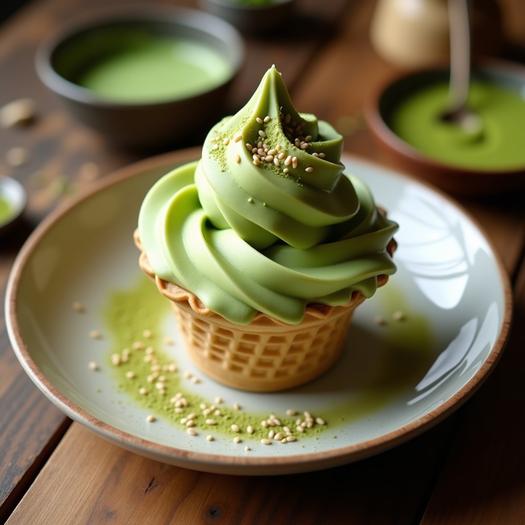 Cuenco de cerámica blanca con dos bolas de helado de matcha y leche de avena, de color verde suave y textura cremosa. Decorado con virutas de coco tostado y un polvillo de matcha en la superficie. Fondo borroso con hojas de menta fresca.