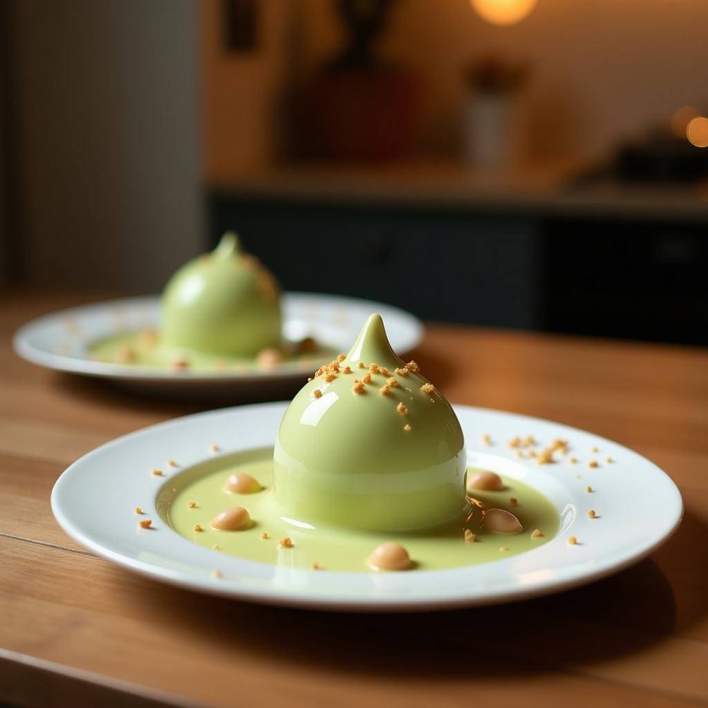 Helado de matcha y leche de camello keto servido en un cuenco de cerámica blanca, con un fondo de pistachos picados y un toque de polvo de matcha espolvoreado. Textura cremosa y color verde pálido característico, acompañado de una cuchara de metal y hojas de menta fresca como decoración.