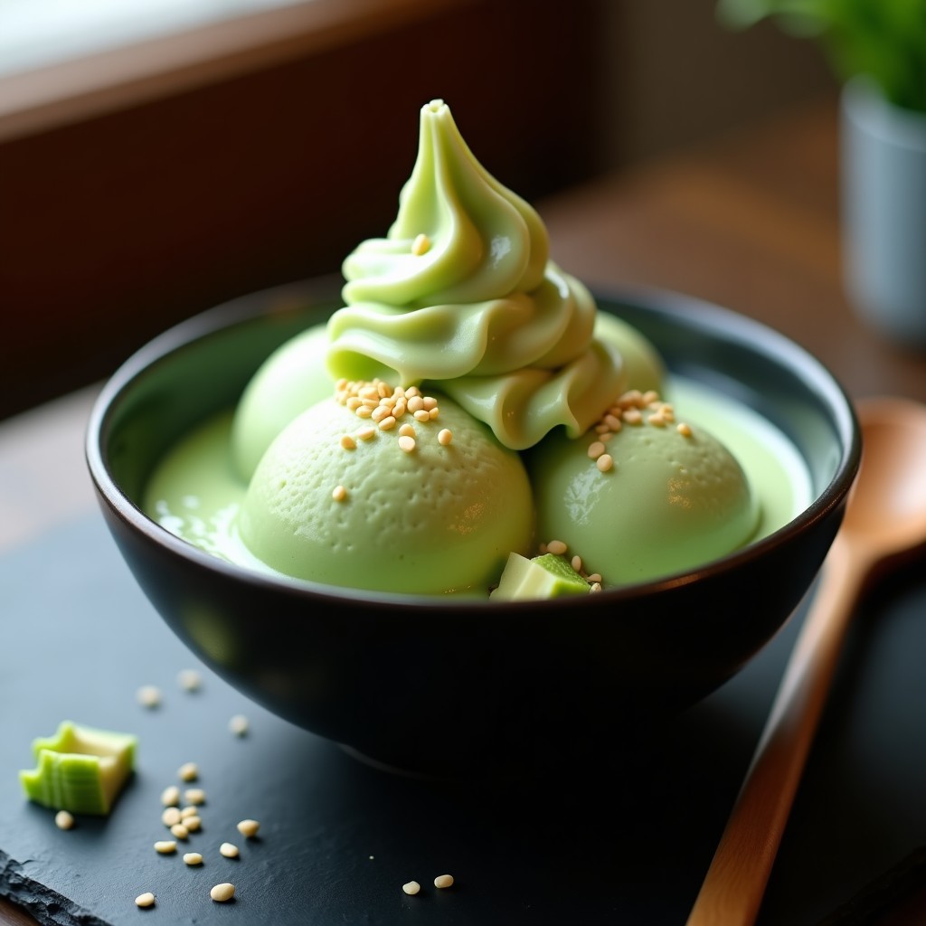 Helado cremoso de color verde suave servido en una copa de cristal, con trozos de wasabi y semillas de sésamo negro como decoración. Fondo borroso con elementos japoneses como una cuchara de bambú y hojas de té verde.