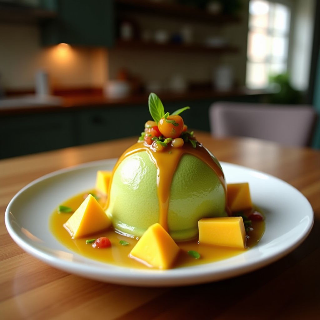 Helado de matcha y mango con salsa de tamarindo servido en cuenco de cerámica blanca, coronado con salsa dorada de tamarindo, trozos de mango fresco, anacardos picados y hojas de menta, sobre fondo de madera rústica con elementos tailandeses.
