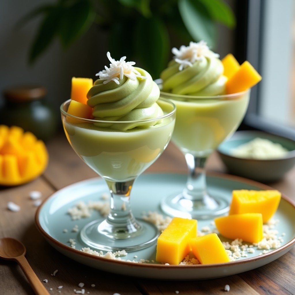Helado de matcha y mango con base de yogur griego keto, servido en un cucurucho de barquillo bajo en carbohidratos, decorado con almendras fileteadas y trozos de mango fresco. Textura cremosa y color verde vibrante con vetas anaranjadas.