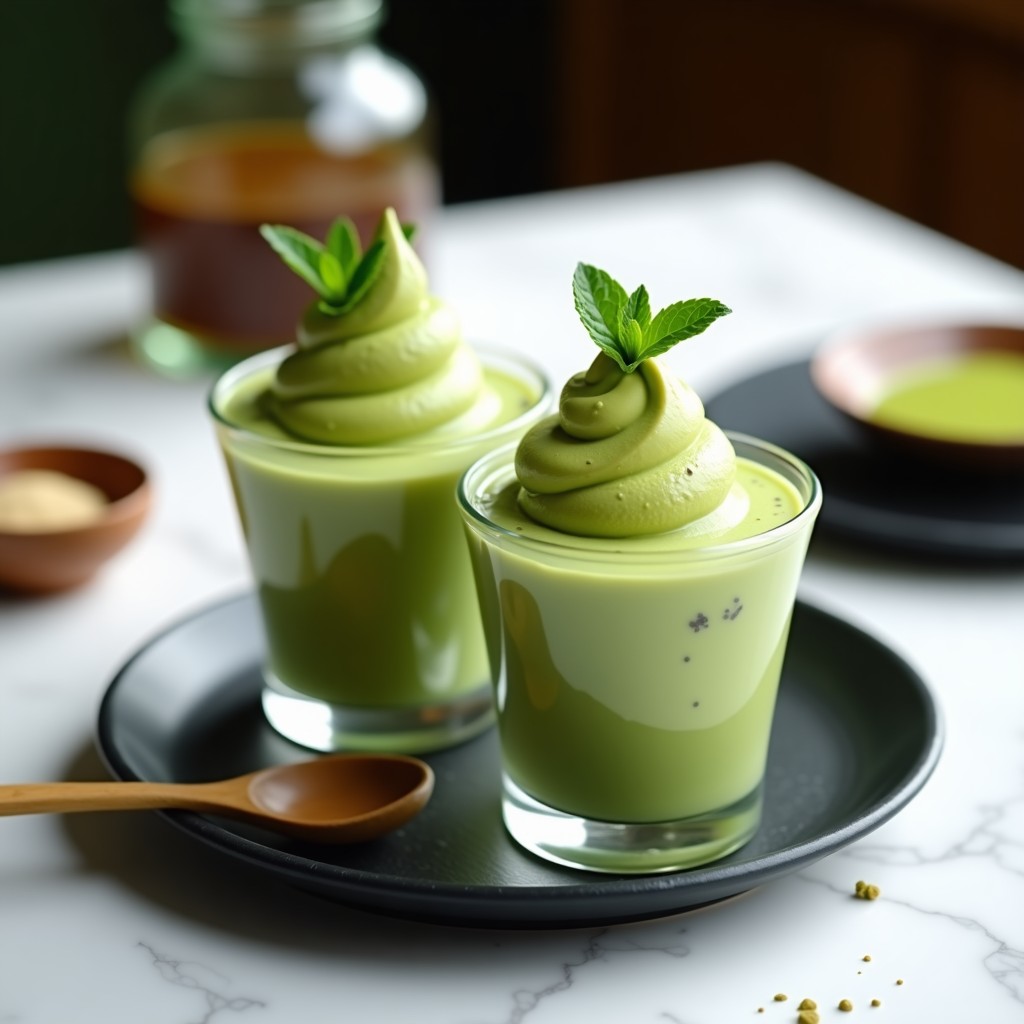 Helado de matcha y miel de manuka sin lácteos servido en copas de cristal transparente, con vetas verdes intensas y decorado con hojas de menta fresca y un hilo dorado de miel sobre fondo blanco minimalista.