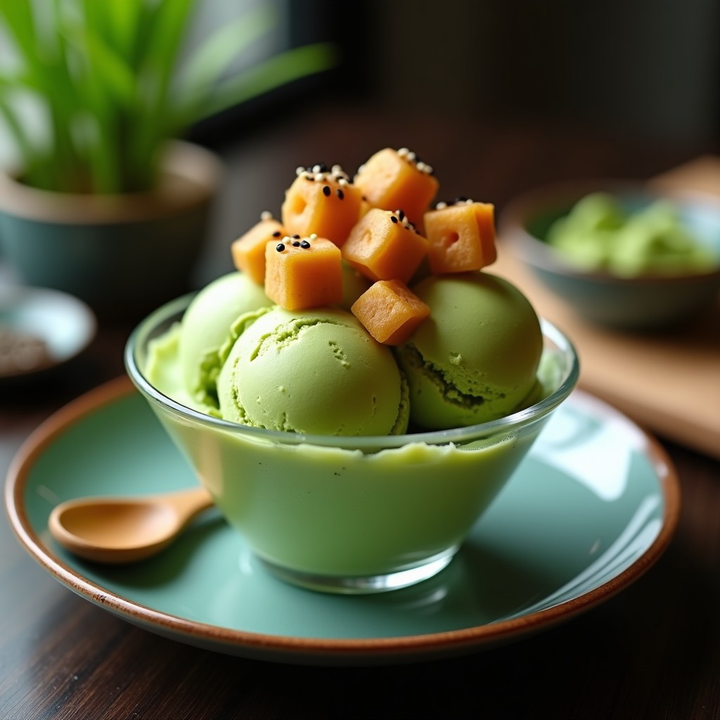 Helado de Té Verde Matcha con Trozos de Mochi: Postre Japonés Sin Azúcar y Sin Lácteos