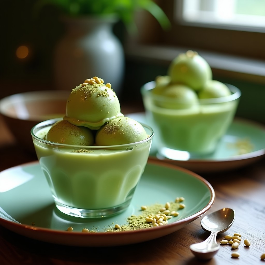 Helado cremoso de color verde pálido con vetas beige de semillas de loto, servido en copa transparente sobre fondo de madera oscura, decorado con espolvoreado de matcha y semillas de loto tostadas. Postre chino sin azúcar y alto en antioxidantes.