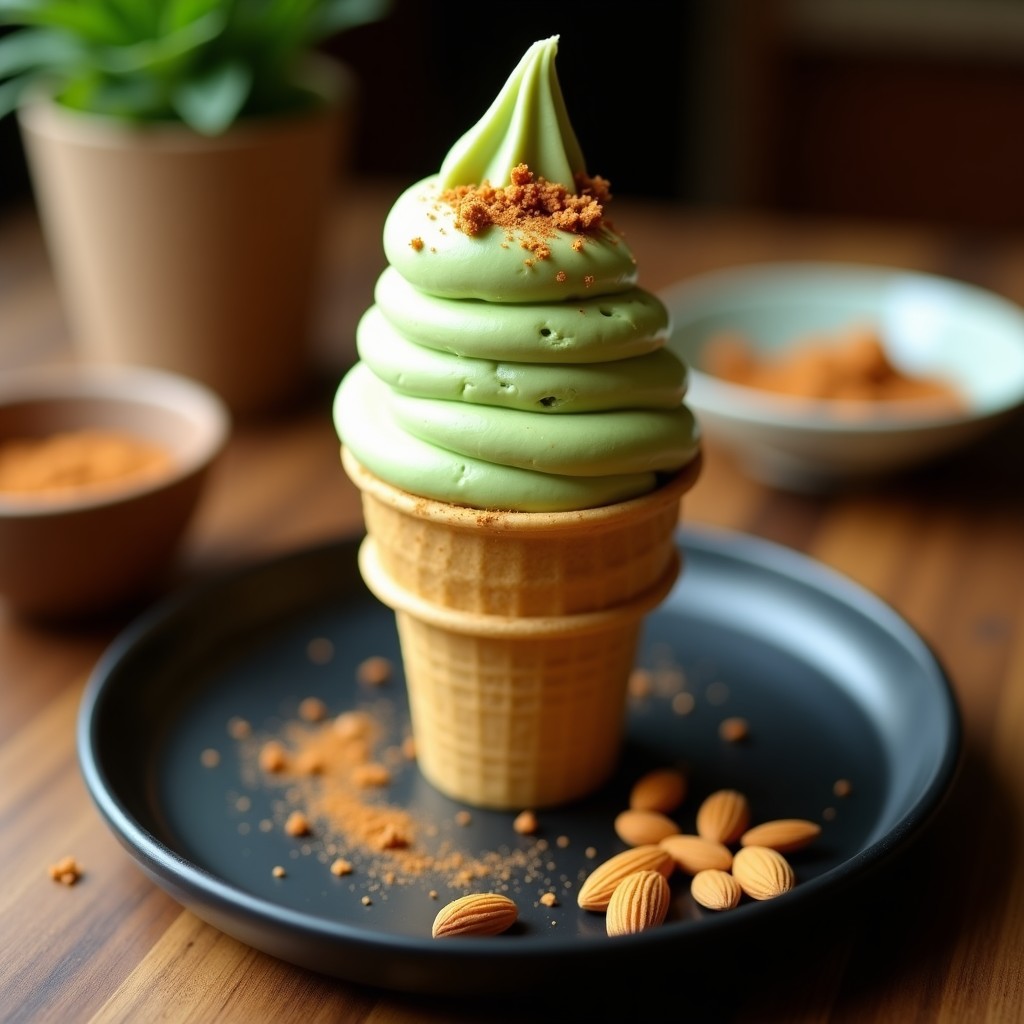 Copa de cristal transparente con helado cremoso de color verde claro (matcha) y vetas doradas (té chai), coronado con virutas de almendra tostada crujiente. Fondo borroso con hojas de té y especias (canela, cardamomo) esparcidas. Receta vegana de helado matcha té chai con almendra en airfryer.