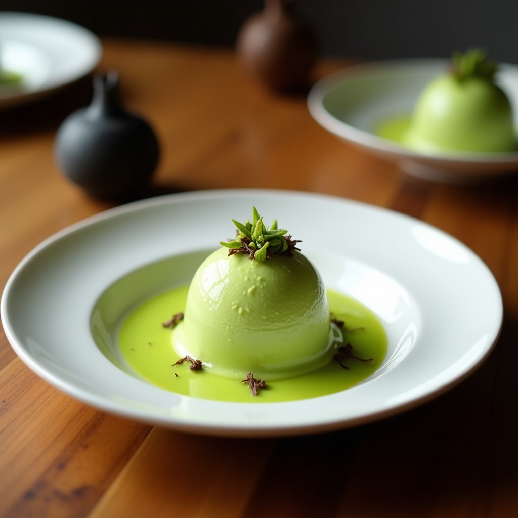 Copa de cristal transparente con helado de matcha y wasabi, de color verde pálido con vetas sutiles, decorado con virutas de coco y un toque de matcha en polvo espolvoreado. Fondo minimalista con elementos japoneses como una cuchara de madera y hojas de bambú.