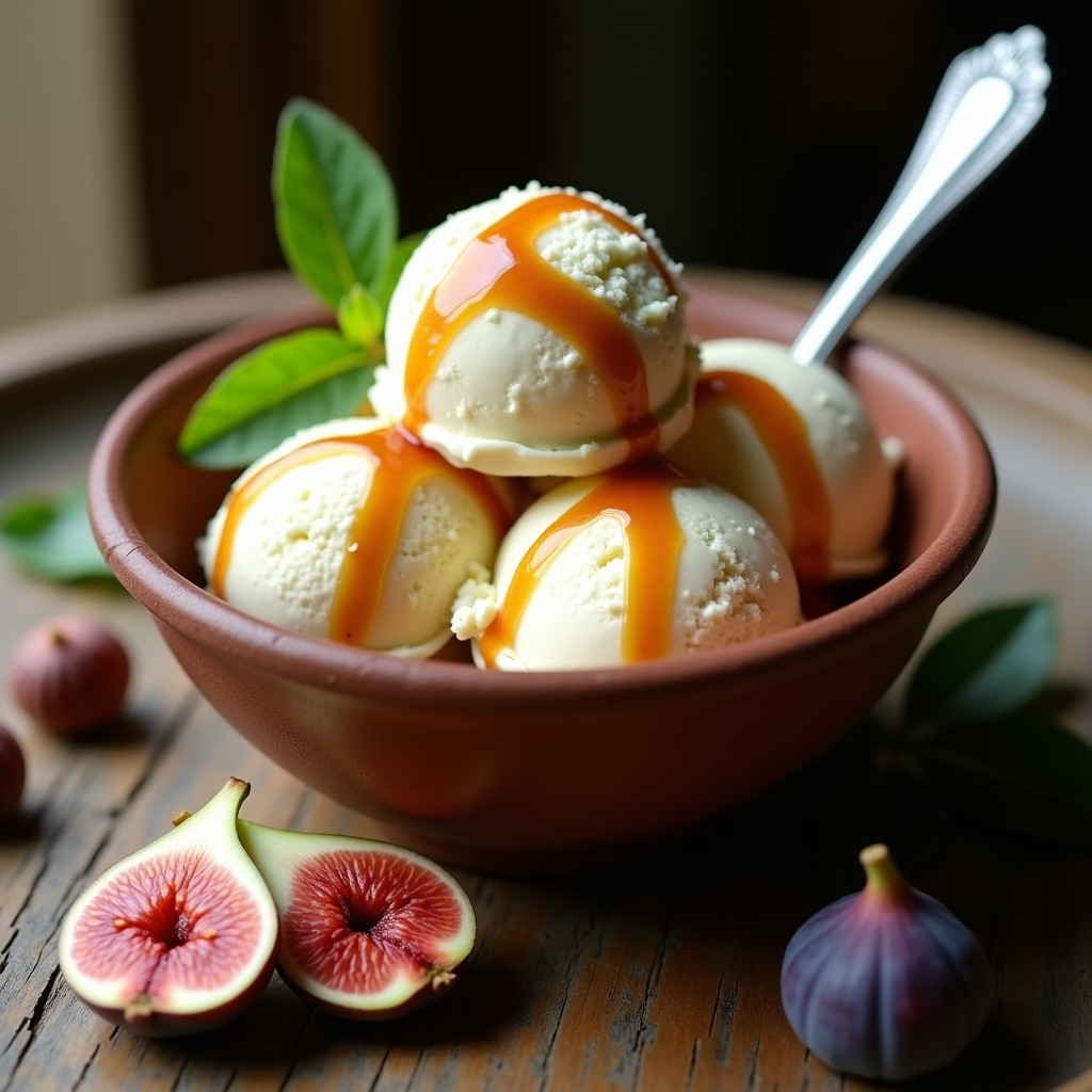 Copa de helado cremoso de color blanco con vetas doradas de mermelada de higos, decorado con almendras fileteadas y una ramita de hierba luisa. Postre español tradicional sin azúcar con textura sedosa.