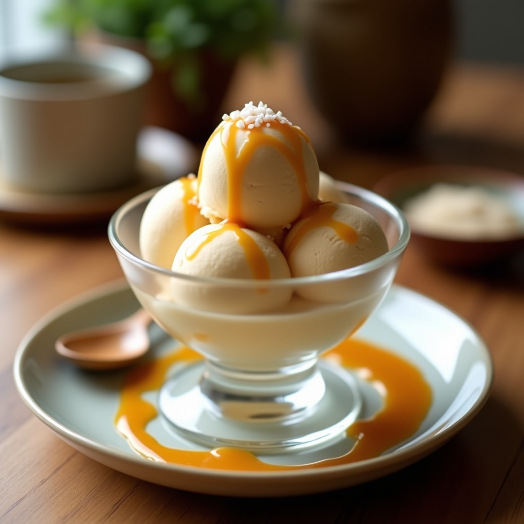 Copa de cristal con helado de miso y caramelo salado sin azúcar, textura cremosa y color beige claro, decorado con escamas de sal marina y un hilo de caramelo líquido sobre la superficie, fondo borroso con elementos de cocina japonesa.