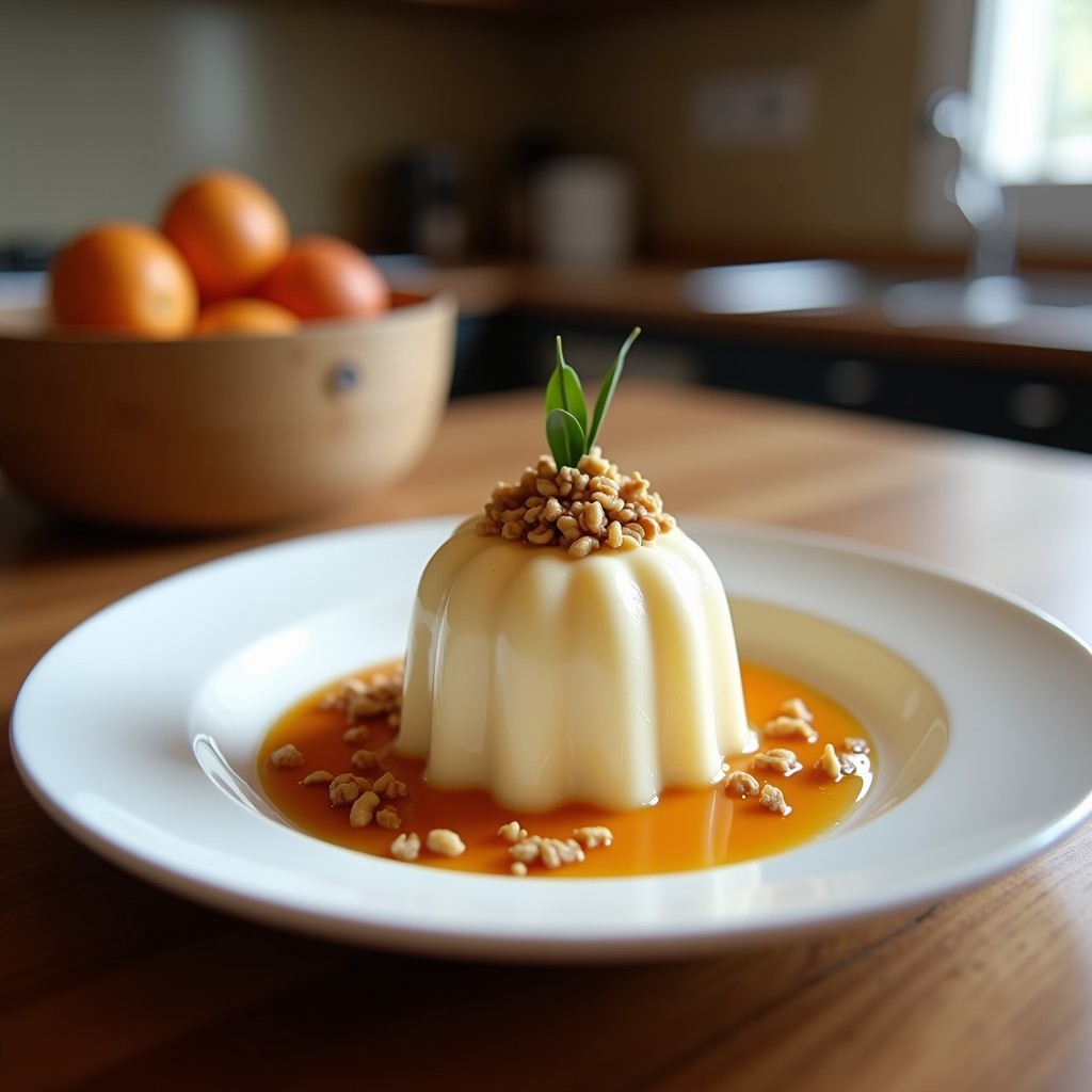 Helado de misuguro con sirope de arce y nueces: postre japonés sin azúcar en un bol de cerámica blanca, decorado con nueces picadas y un hilo dorado de sirope de arce, sobre fondo de madera oscura con hojas de misuguro frescas.