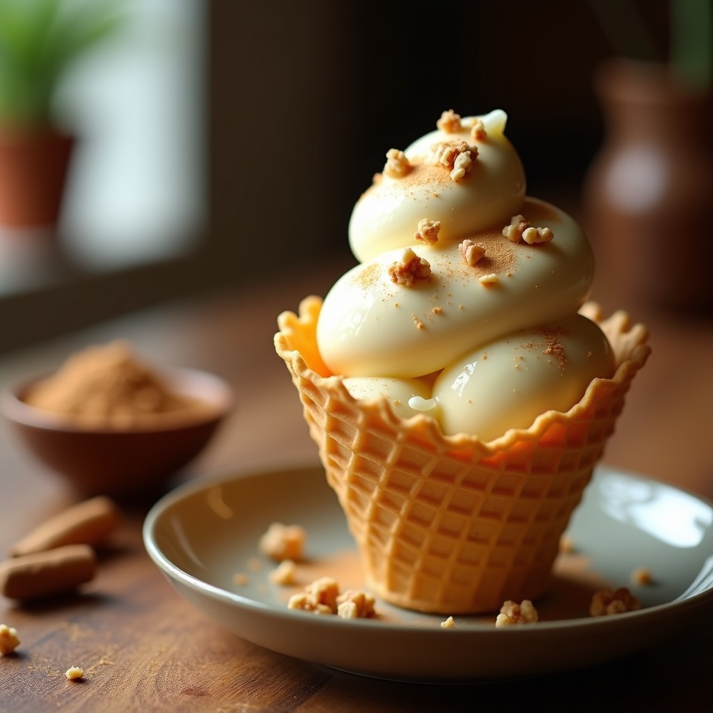 Helado de panela y queso campesino servido en un cucurucho de barquillo, con trozos de queso visible y decorado con nueces picadas. Postre colombiano tradicional sin lácteos, cremoso y de color beige claro con tonos anaranjados por la bija.
