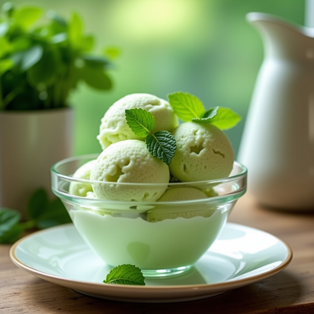 Cuenco de cristal transparente con helado de pepino y hierbabuena vegano, decorado con hojas frescas de hierbabuena y un chorrito de sirope de ágave. Fondo borroso con tonos verdes para resaltar el postre fresco y natural.