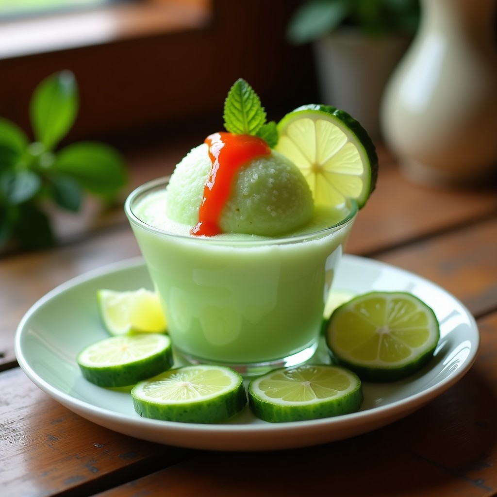 Helado de pepino y lima con salsa de chile servido en copa de vidrio transparente, con trozos de pepino fresco y un hilo de salsa roja de chile habanero, sobre fondo de madera rústica con hojas de menta y rodajas de lima.