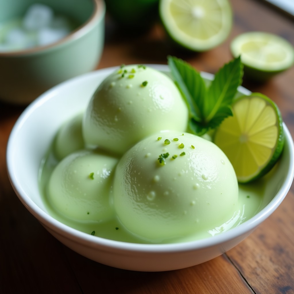 Helado vegano de pepino y lima con jengibre servido en cuenco blanco, con trozos de menta fresca y rascadura de lima en la superficie, fondo de hielo picado y rodajas de lima.