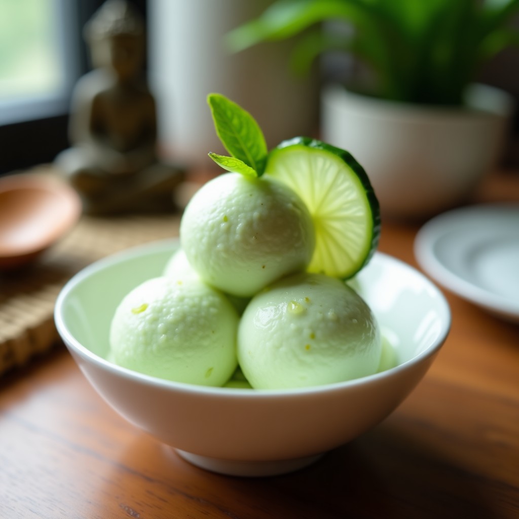 Helado de pepino y lima kaffir servido en copas de cristal transparente, decorado con rodajas finas de pepino inglés y hojas de lima kaffir frescas. Textura cremosa y color verde pálido, con un fondo de mesa de madera rústica y elementos tailandeses como un tallo de hierba limón.
