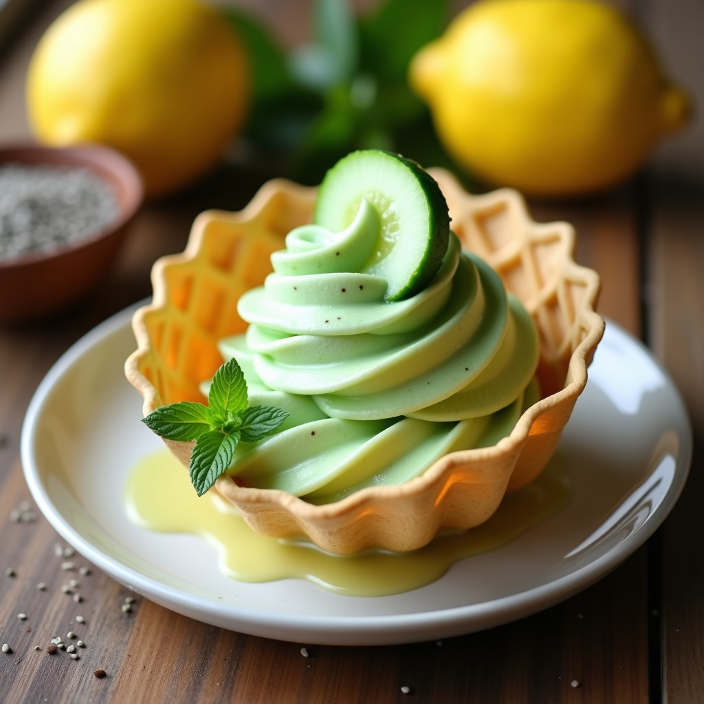 Helado de pepino y limón con semillas de chía servido en un cucurucho de galleta, decorado con hojas de menta fresca y rodajas de limón, sobre una mesa de madera con fondo borroso de verano.