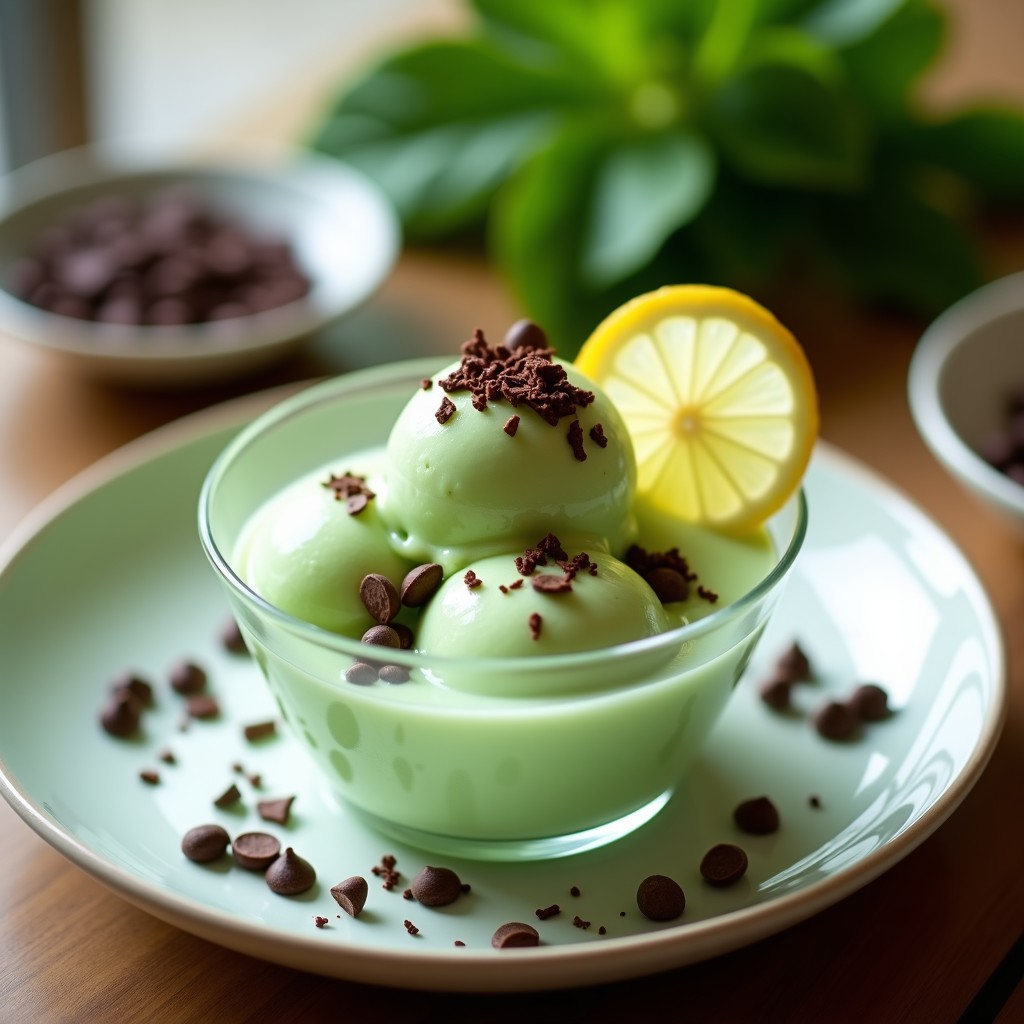 Copa de cristal transparente con helado cremoso de color verde claro, decorado con chips de chocolate 90% y rodajas de limón. Fondo de mesa de madera con hojas de menta y pepino fresco.